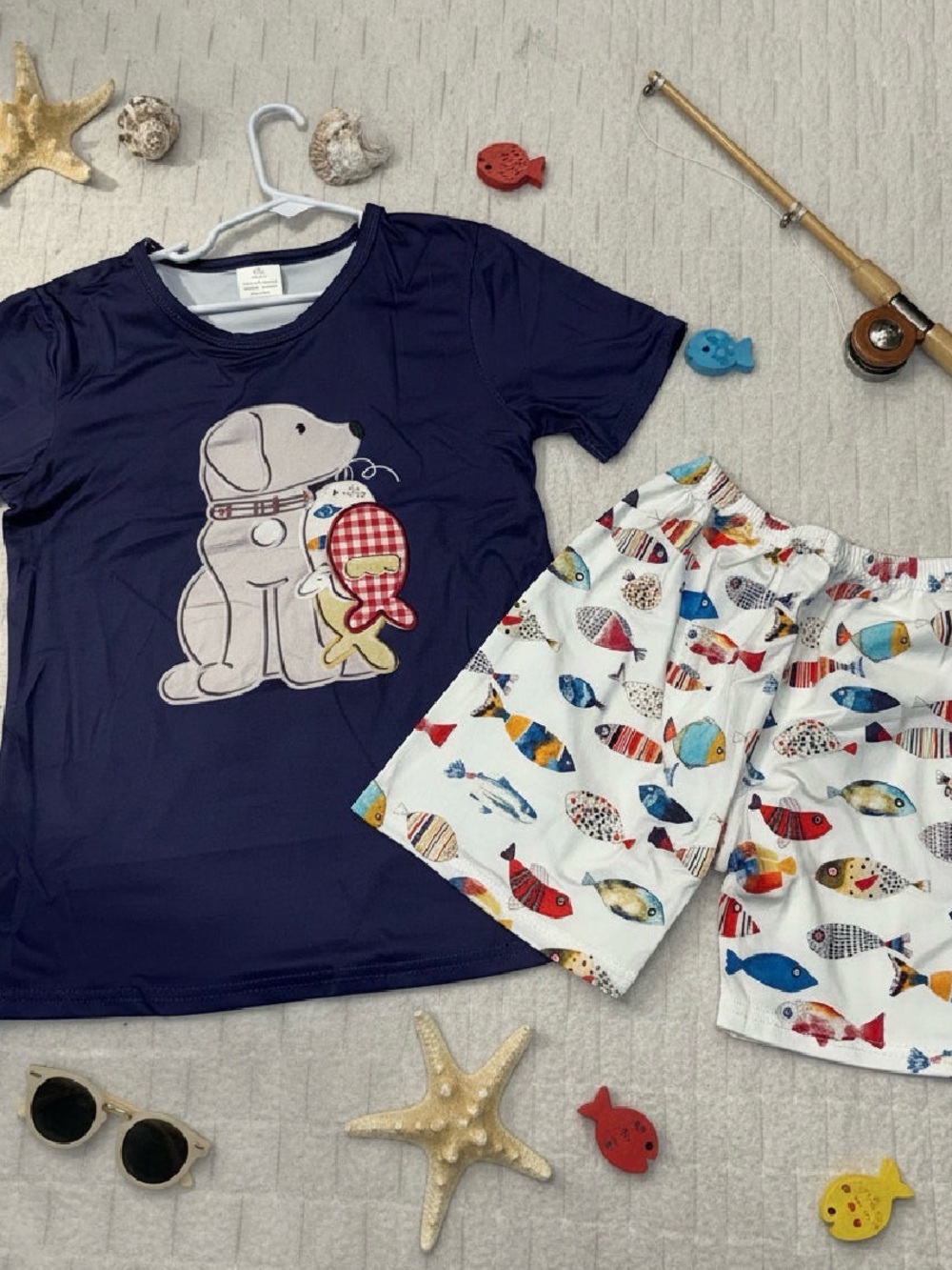 Kids Navy Dog Graphic Set with Printed Fish Shorts
